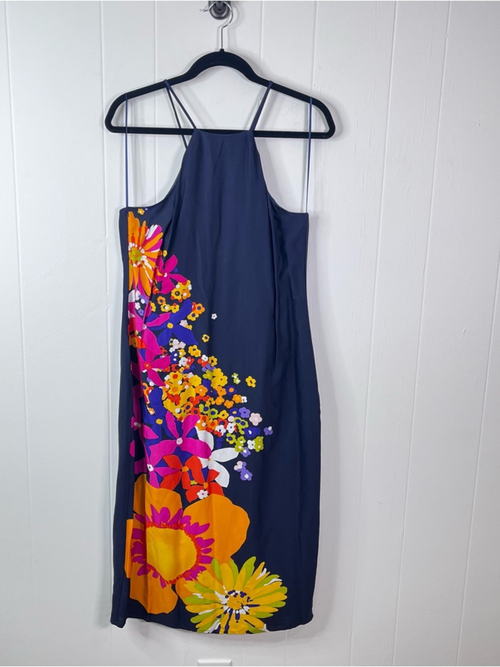 Trina Turk Navy Halter Maxi Dress with Bright Floral Print